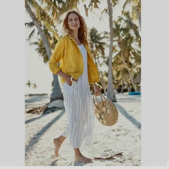 J. JILL YELLOW LINEN BLEND DRAWSTRING JACKET BUTTON FRONT WITH POCKETS - Picture 2 of 15